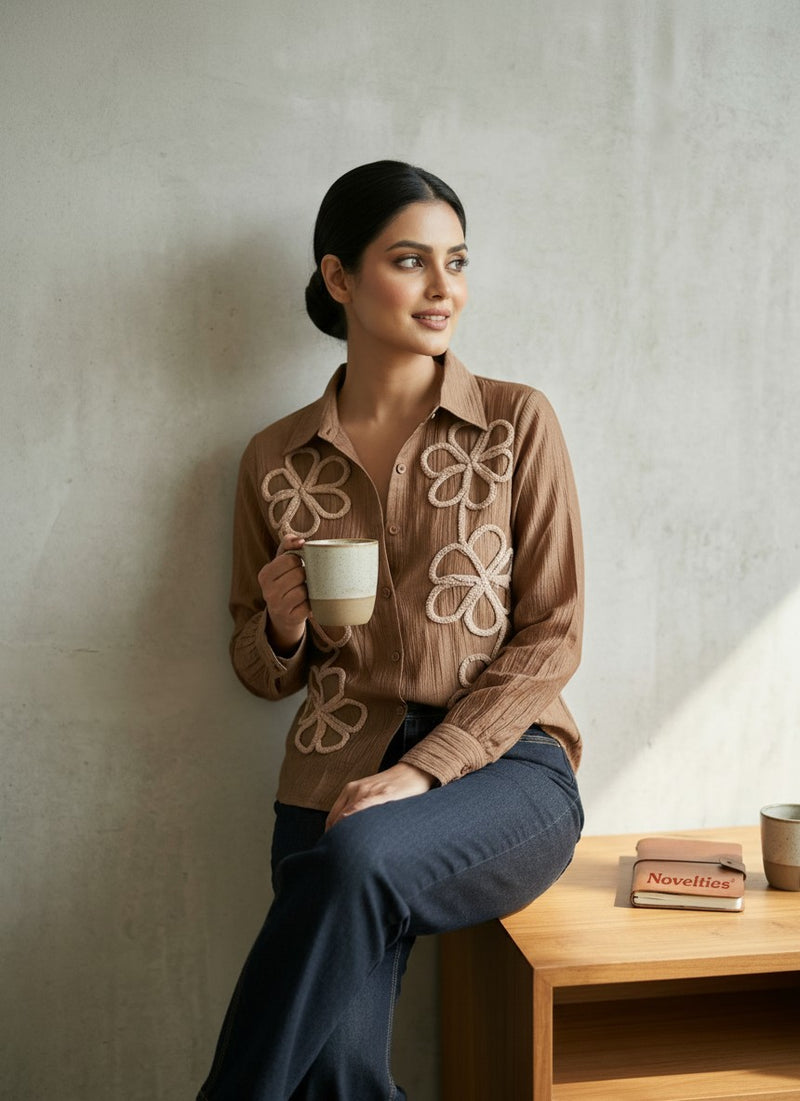 Floral Appliqué Crinkle Shirt