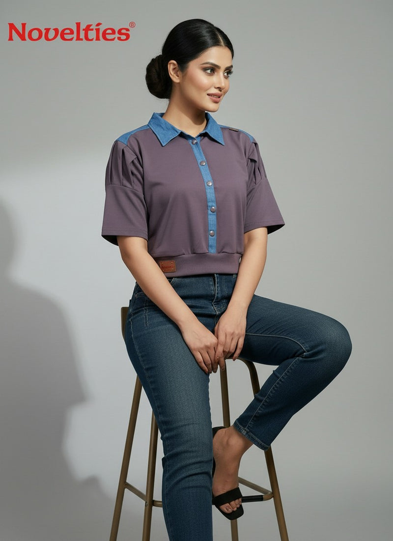 Dual-Tone Puff Sleeve Crop Shirt