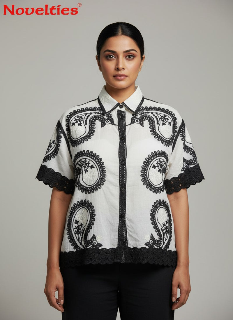 White Paisley Embroidered Shirt