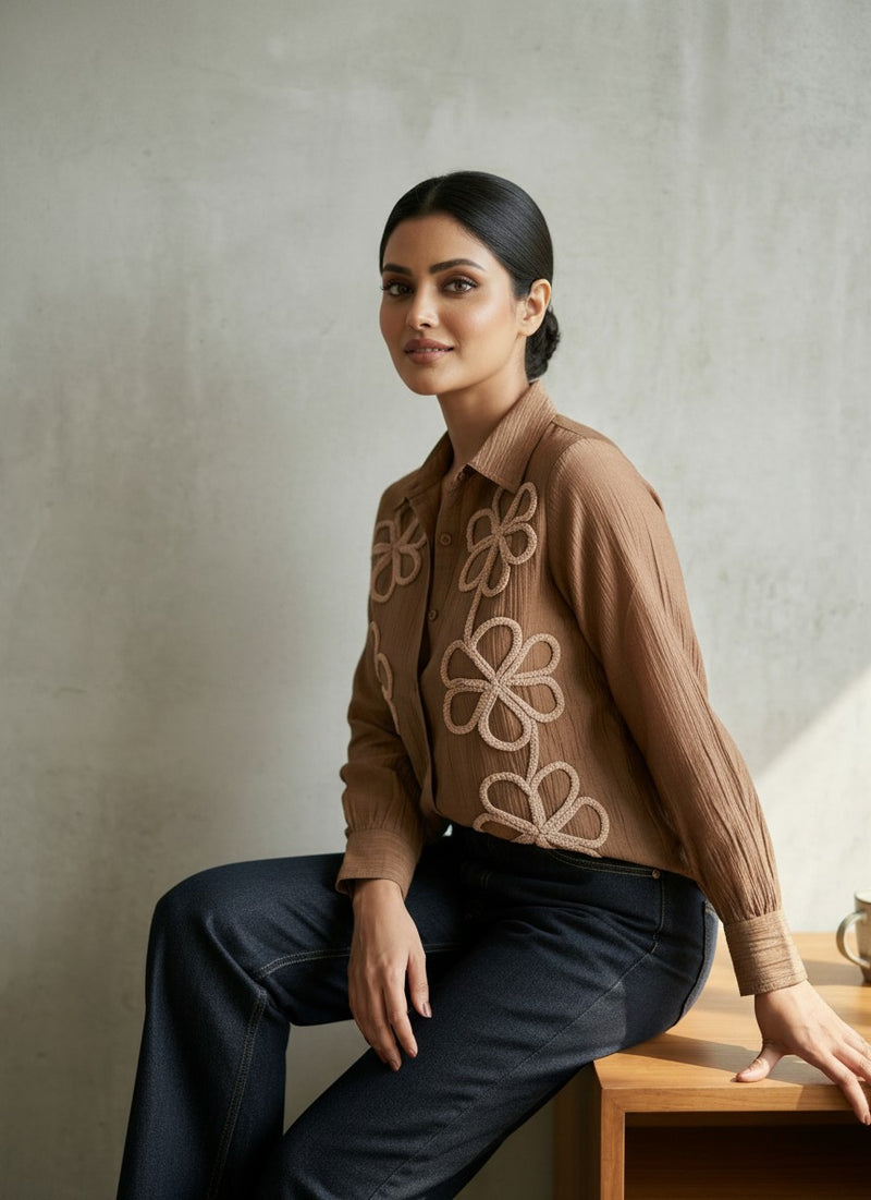 Floral Appliqué Crinkle Shirt