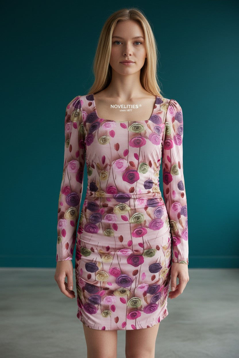 Neuheiten Rosa Rosen-Print gerafftes Minikleid