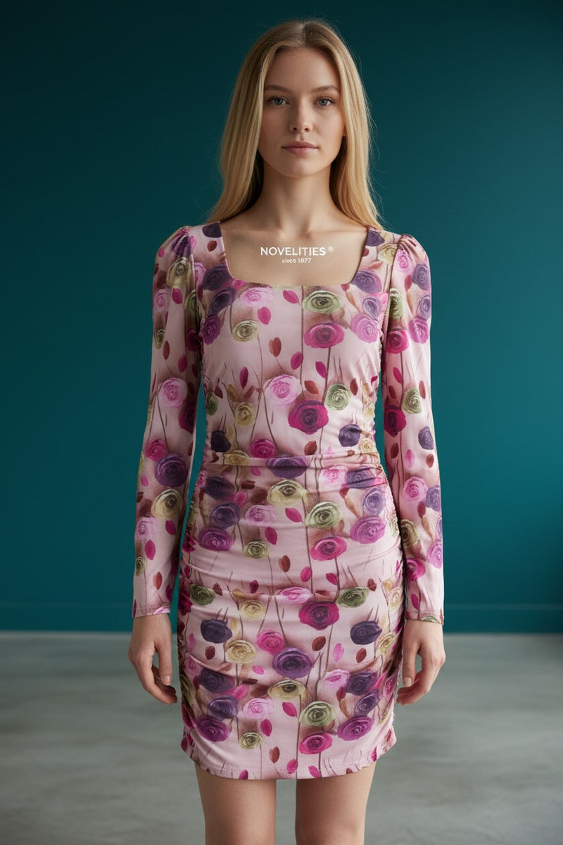 Novelties Pink Rose Print Ruched Mini Dress