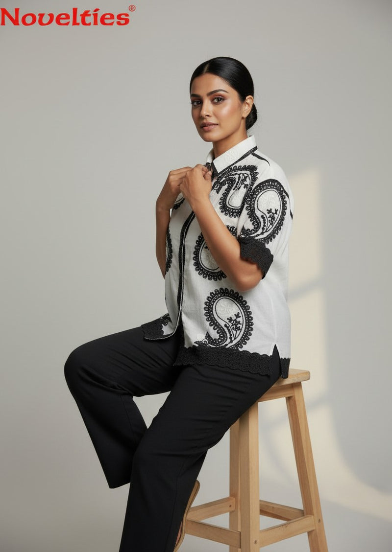 White Paisley Embroidered Shirt