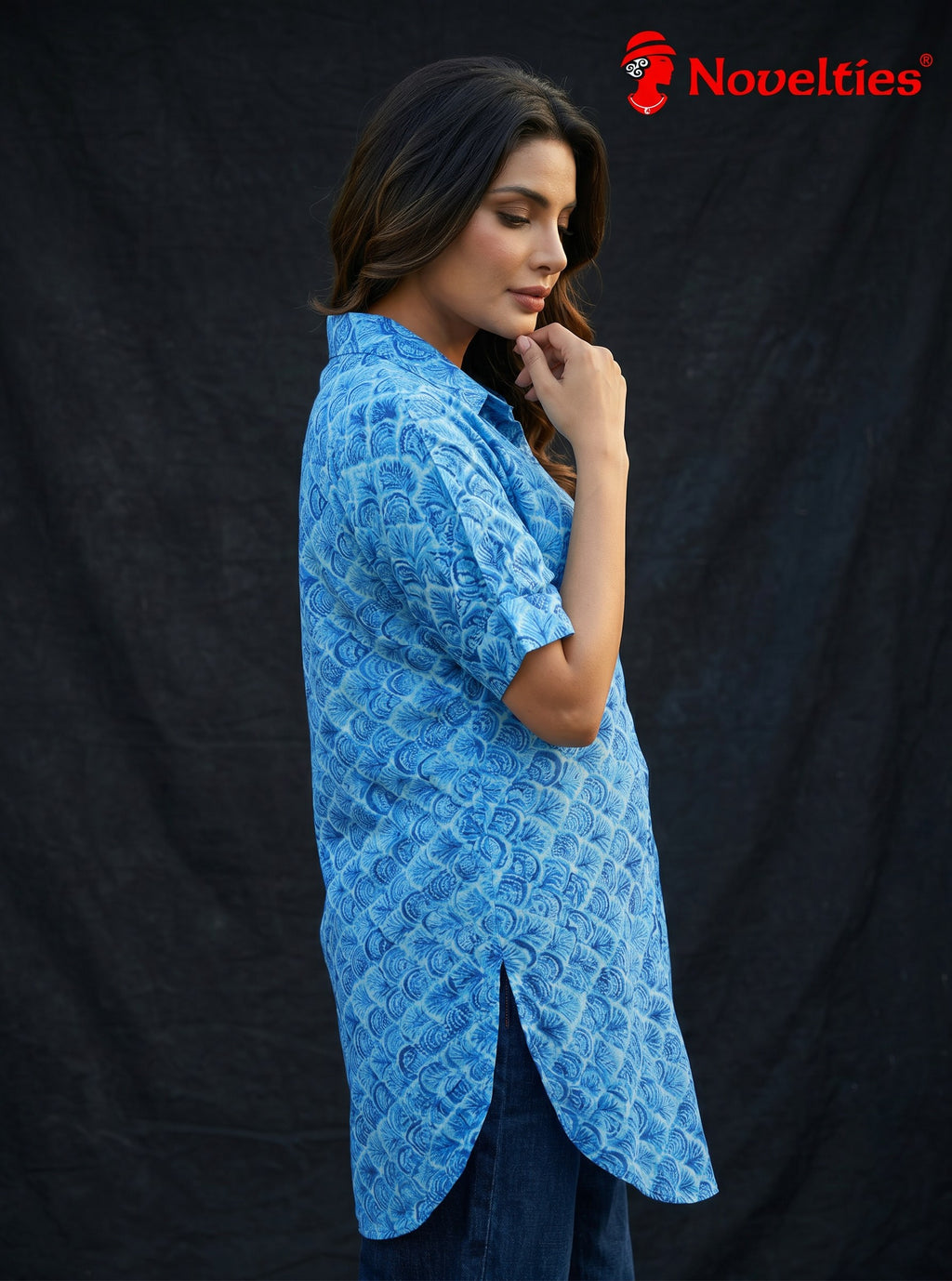 Blue Peacock Print Cotton Shirt Tunic