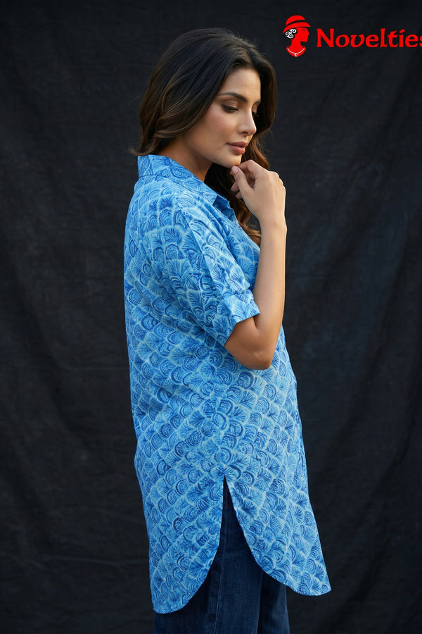 Blue Peacock Print Cotton Shirt Tunic