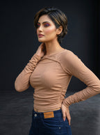 Ribbed Cutout Twist-Front Cropped Long Sleeve Top