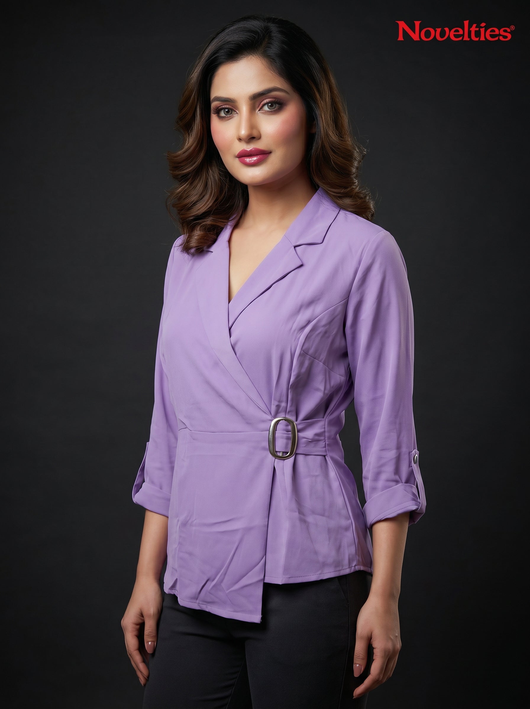 Wrap-Style Notch Lapel Top with Side Buckle