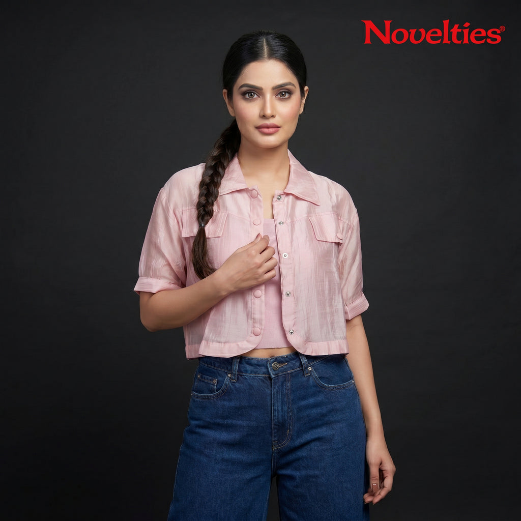 Blush Pink Button-Front Crop Shirt & Smocked Tube Top Co-ord Set