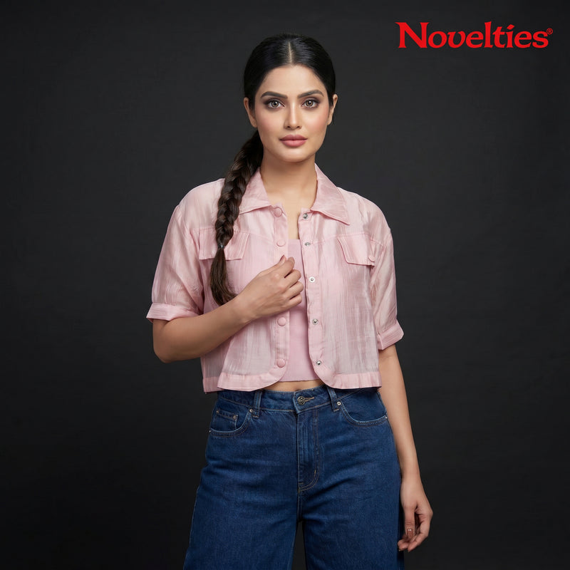 Blush Pink Button-Front Crop Shirt & Smocked Tube Top Co-ord Set