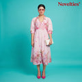 Pink Floral Print Puff Sleeve Button-Down Midi Dress