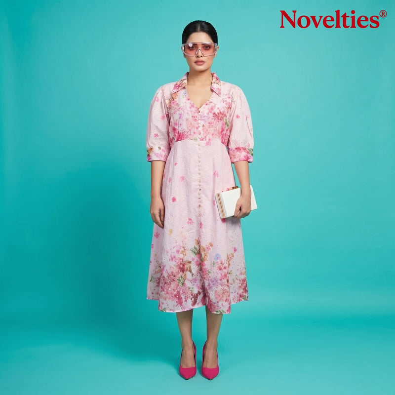 Pink Floral Print Puff Sleeve Button-Down Midi Dress