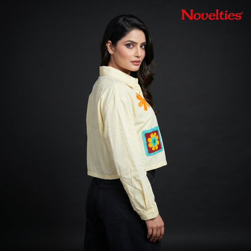 Butter Yellow Crochet Granny Square Patch Crop Shirt