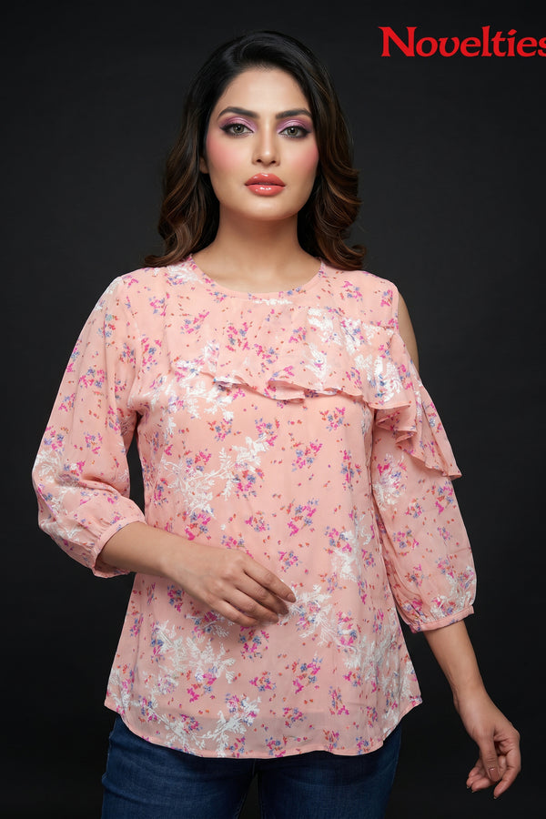 Ditsy Floral Print Cold-Shoulder Ruffle Top