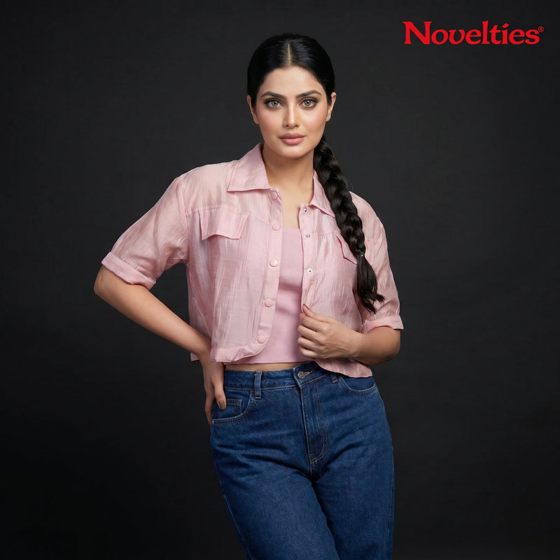 Blush Pink Button-Front Crop Shirt & Smocked Tube Top Co-ord Set