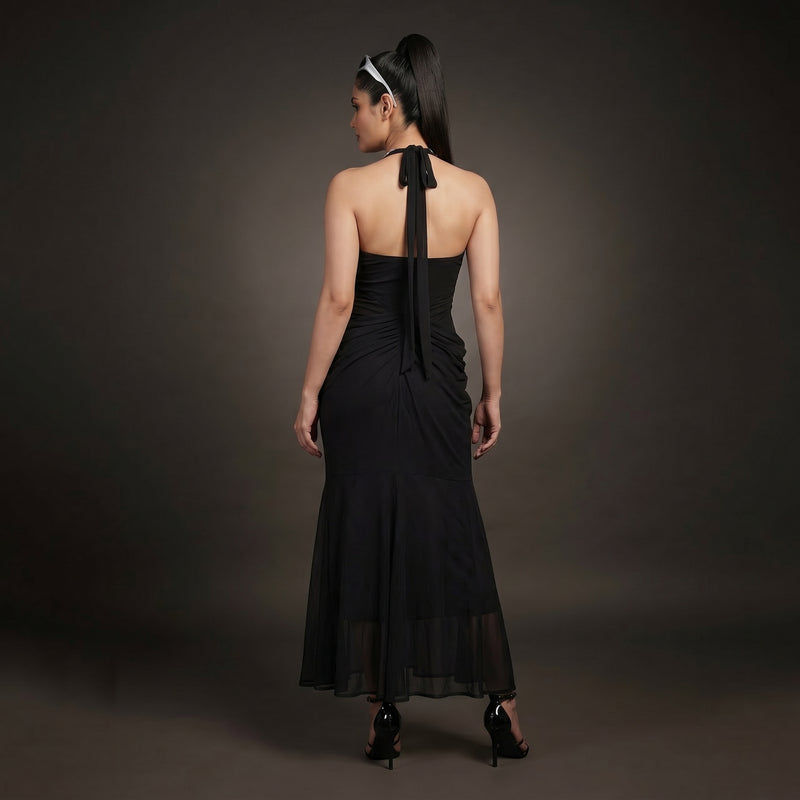 Black Halter Neck Draped Maxi Dress