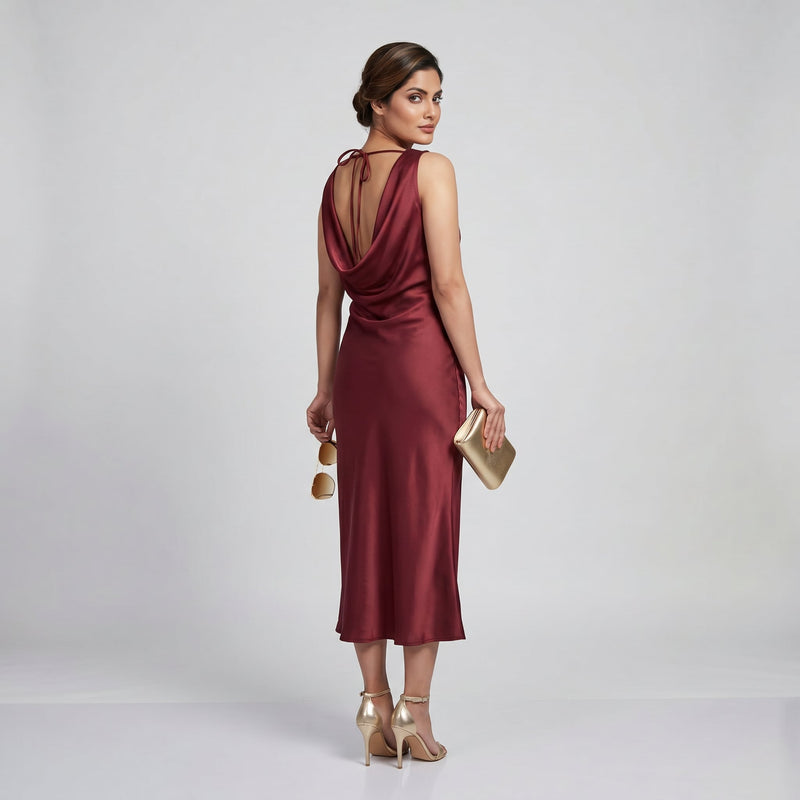 Wine Satin Cowl Neck Midi Dress