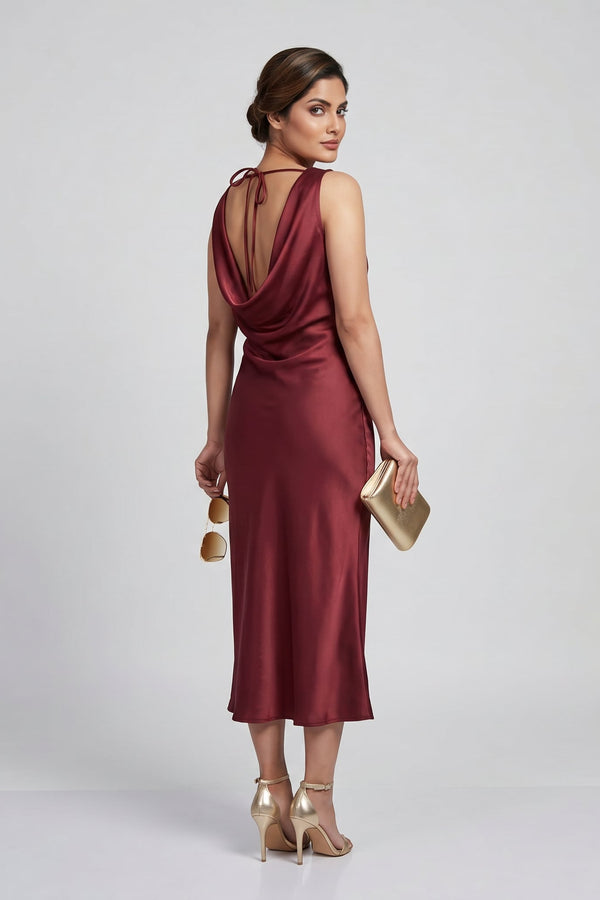 Wine Satin Cowl Neck Midi Dress