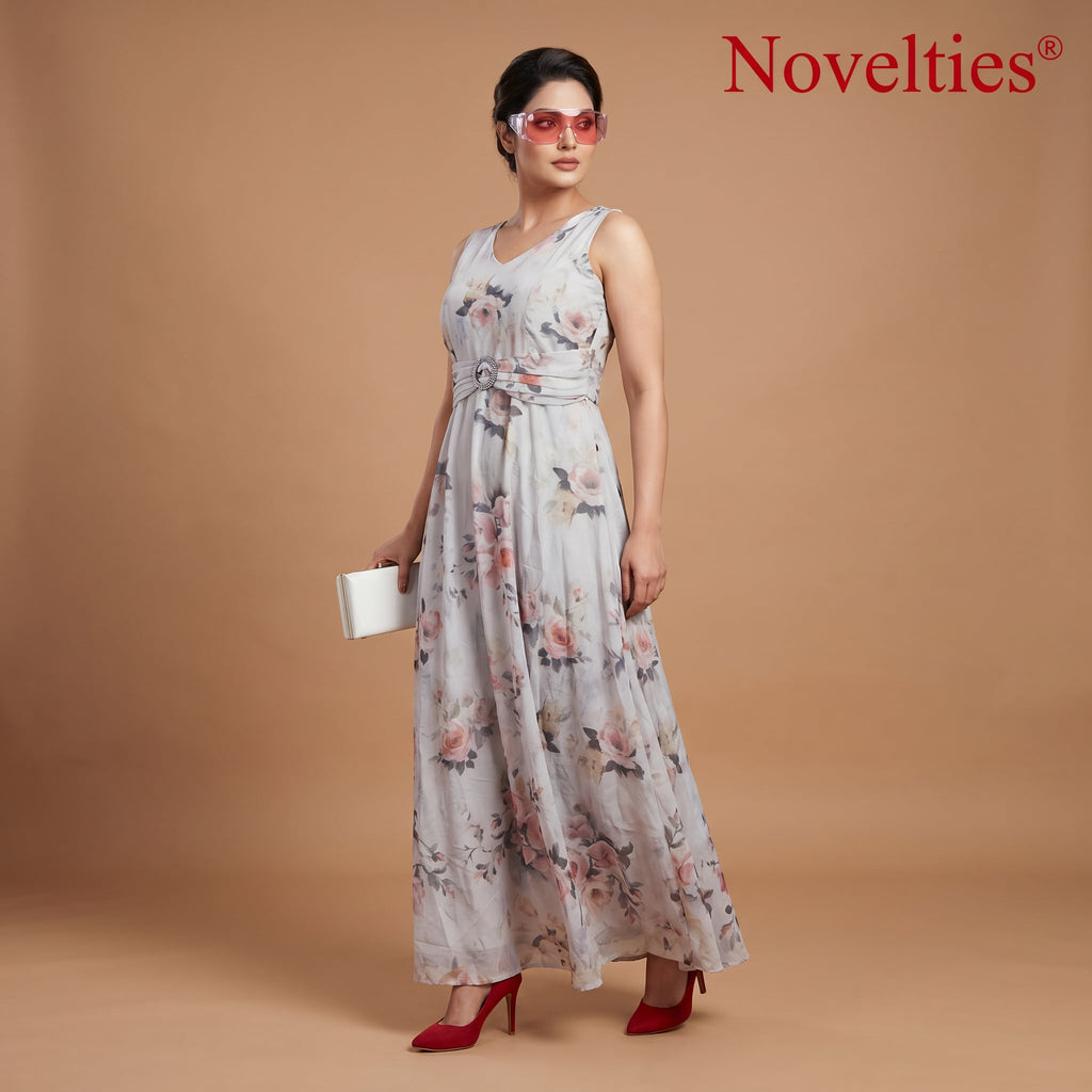 Graues Maxi-Baumwollkleid mit Rosenprint und verziertem Gürtel