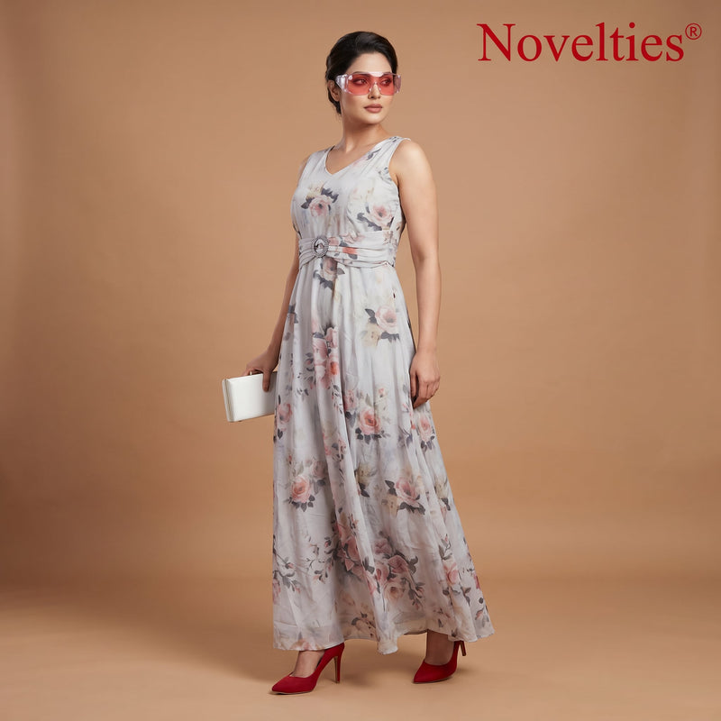 Grey Rose Print Cotton Maxi Gown with Embellished Belt