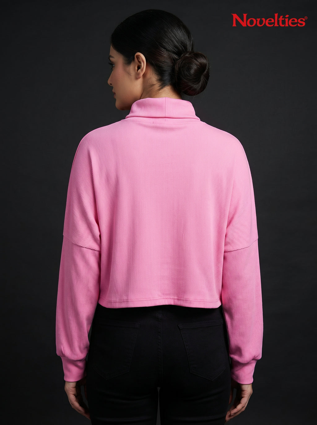 Pink Ribbed Turtleneck Crop Top