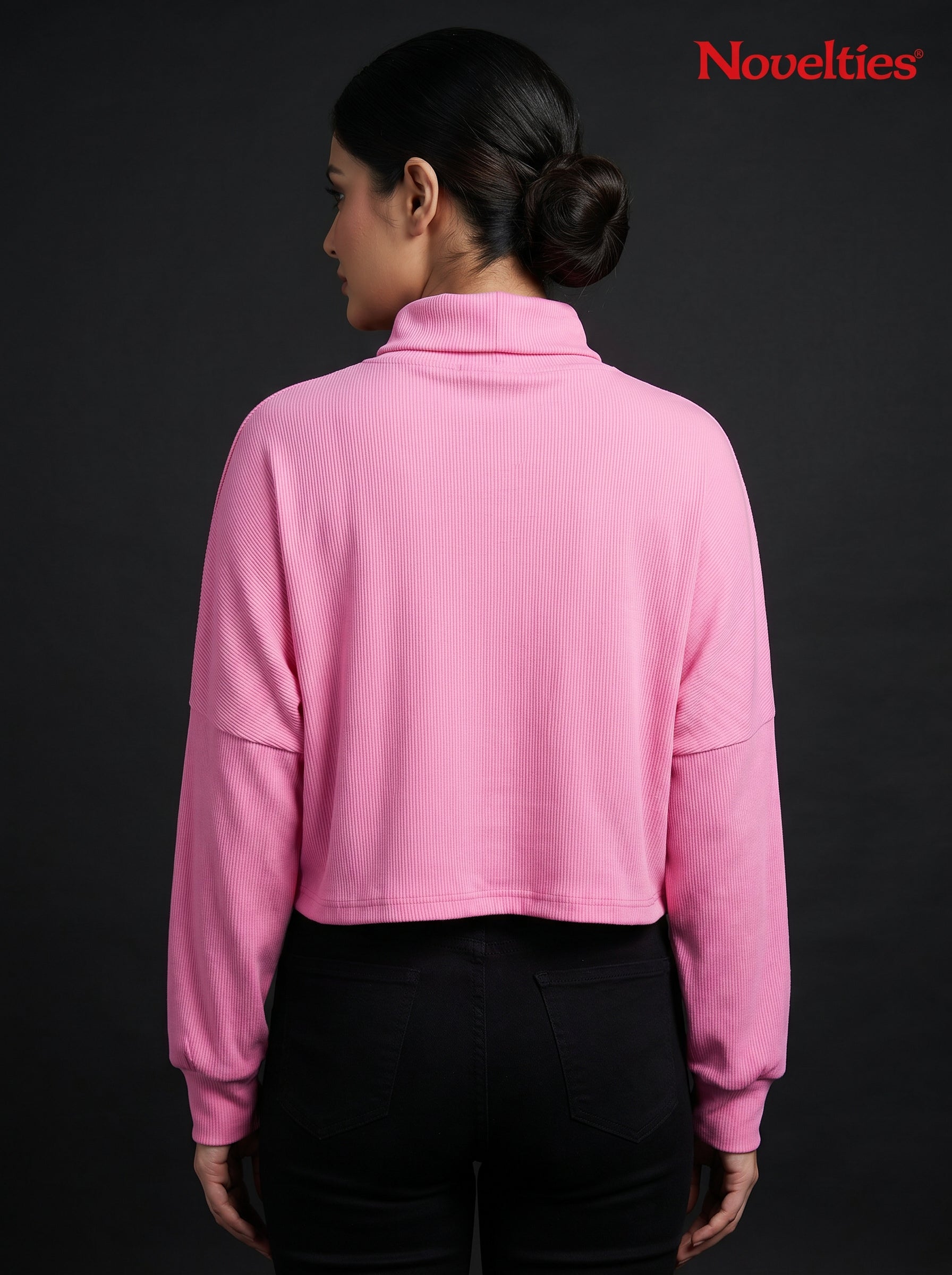 Pink Ribbed Turtleneck Crop Top