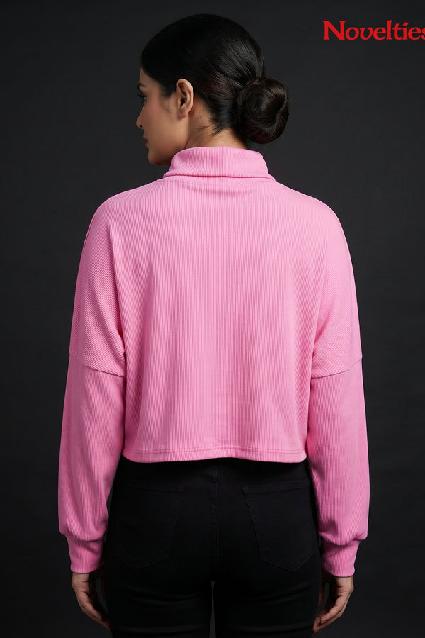 Pink Ribbed Turtleneck Crop Top