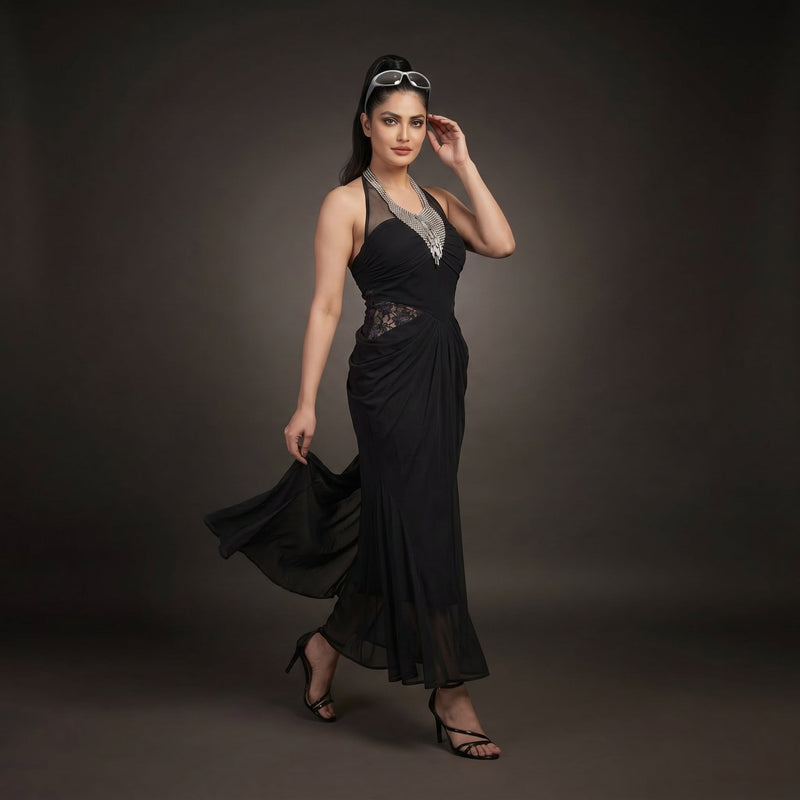 Black Halter Neck Draped Maxi Dress