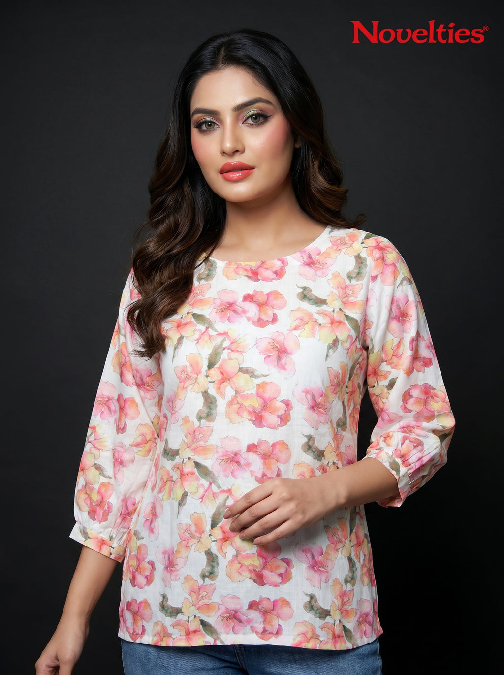 Watercolour Floral Print Round Neck Peplum Top