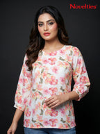 Watercolour Floral Print Round Neck Peplum Top