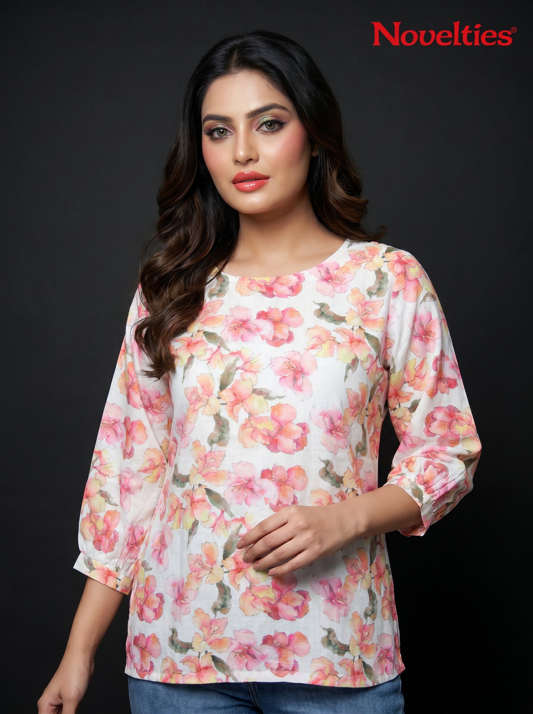 Watercolour Floral Print Round Neck Peplum Top