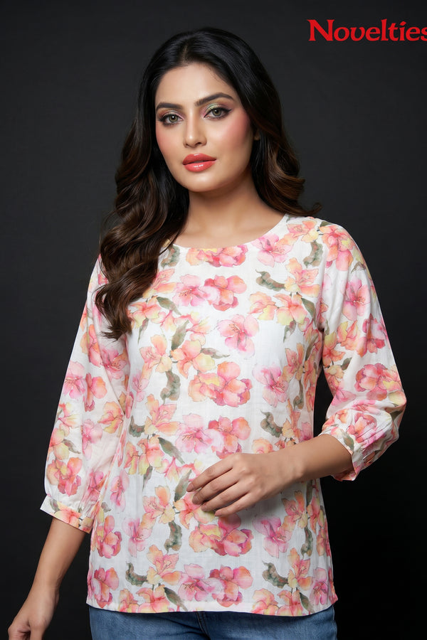 Watercolour Floral Print Round Neck Peplum Top