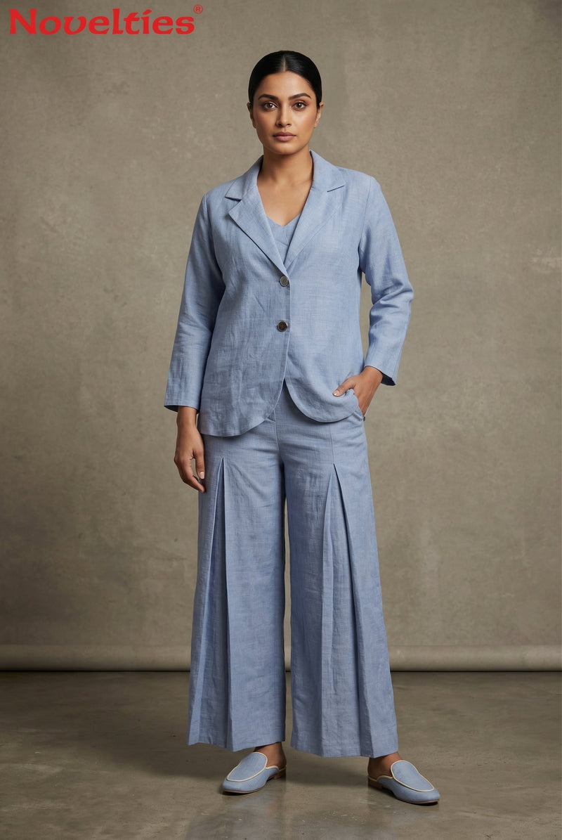 Blue Linen Blazer & Wide-Leg Pant Set