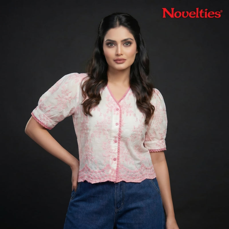 White Pink Chikankari Embroidered Puff Sleeve Top