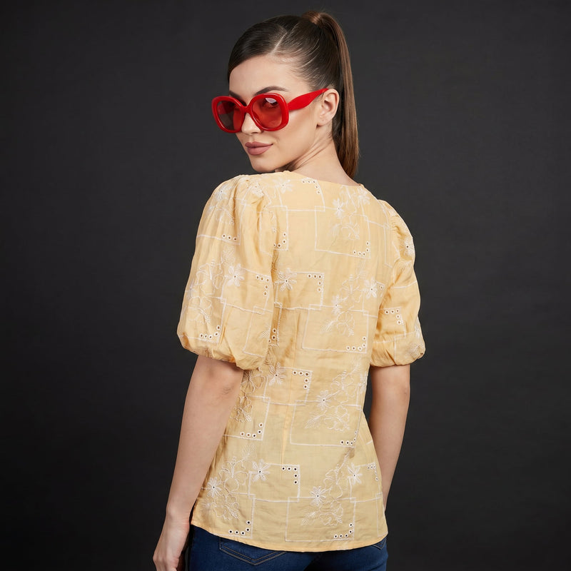 Butter Yellow Schiffli Puff Sleeve Top