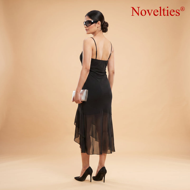 Black Ruched Mesh Spaghetti Strap Midi Dress with Sheer Ruffle Hem
