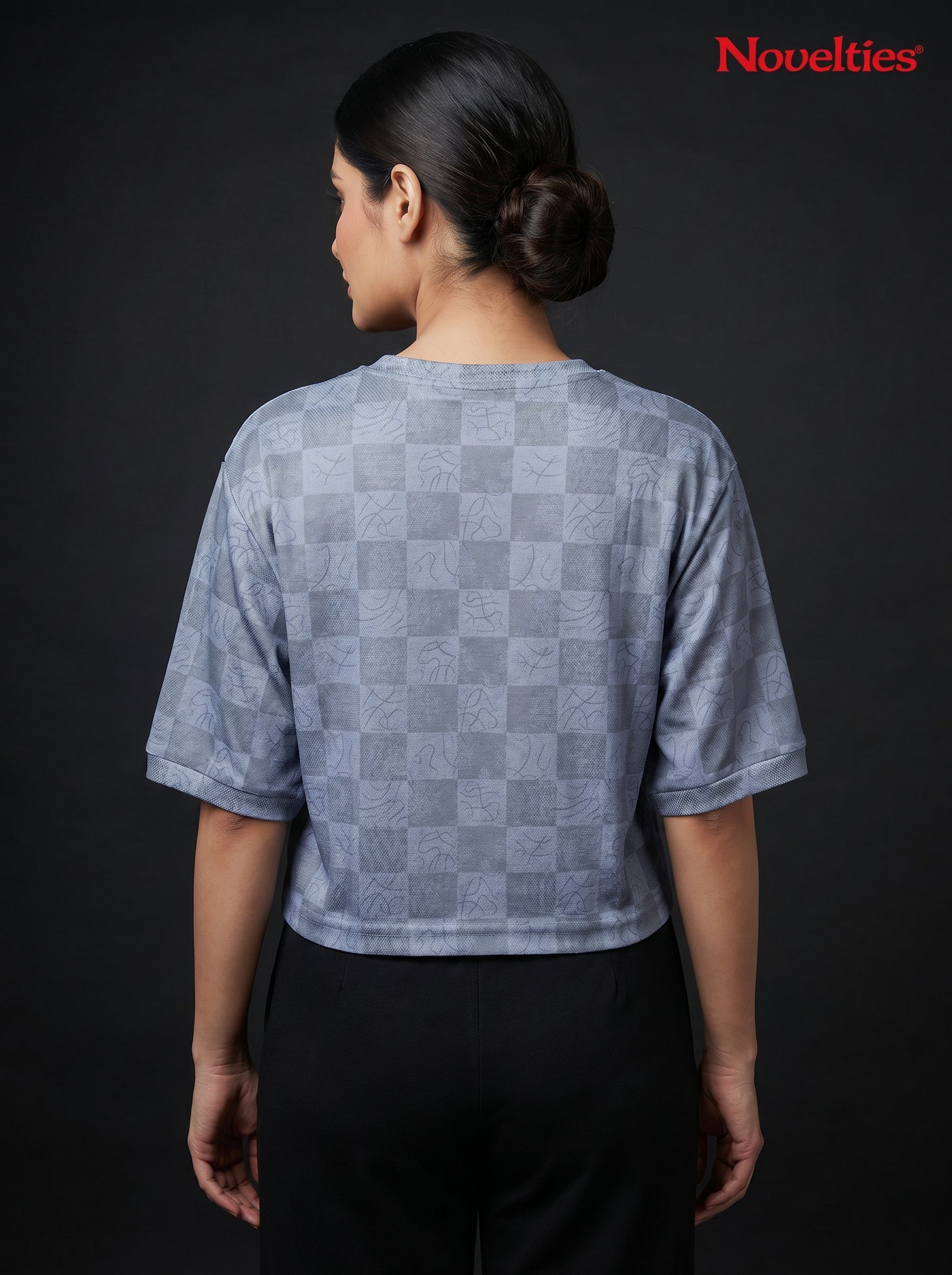 Checkered Jacquard Botanical Graphic Crop Tee