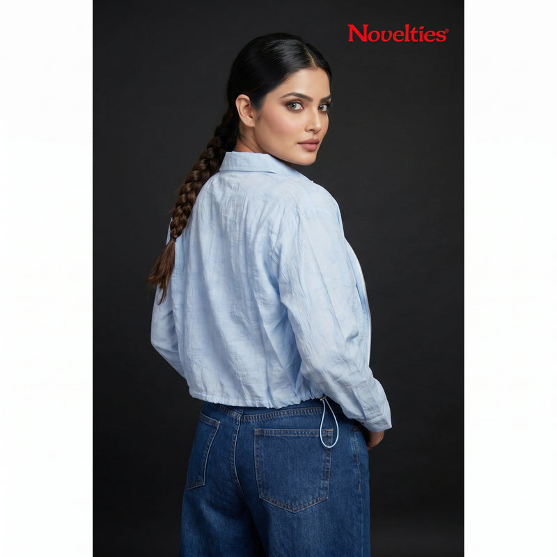 Sky Blue Textured Zip-Front Crop Jacket & Smocked Tube Top Co-ord Set