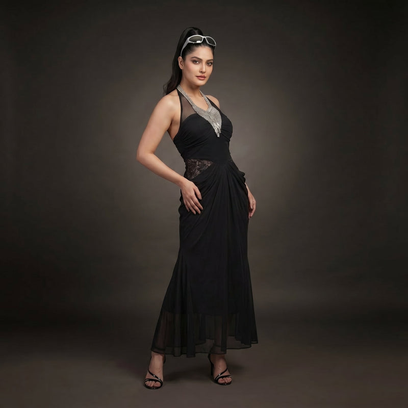 Black Halter Neck Draped Maxi Dress