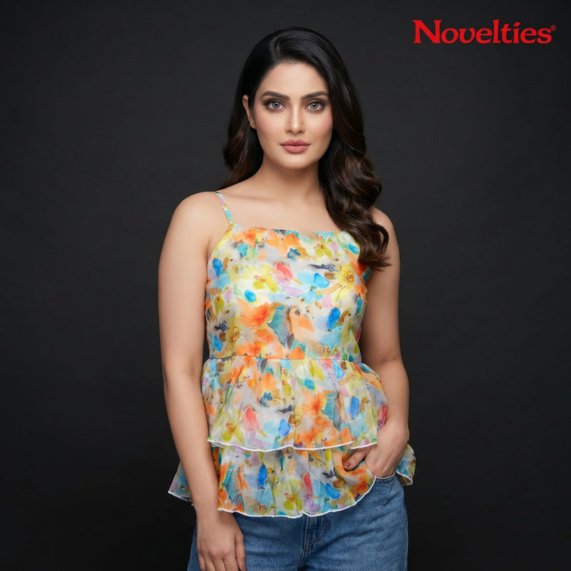 Watercolour Bloom Double-Frill Peplum Top