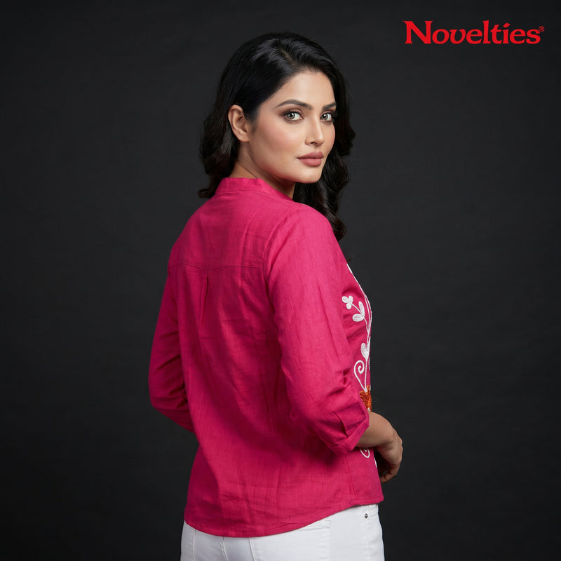 Fuchsia Floral Embroidered Cotton Top