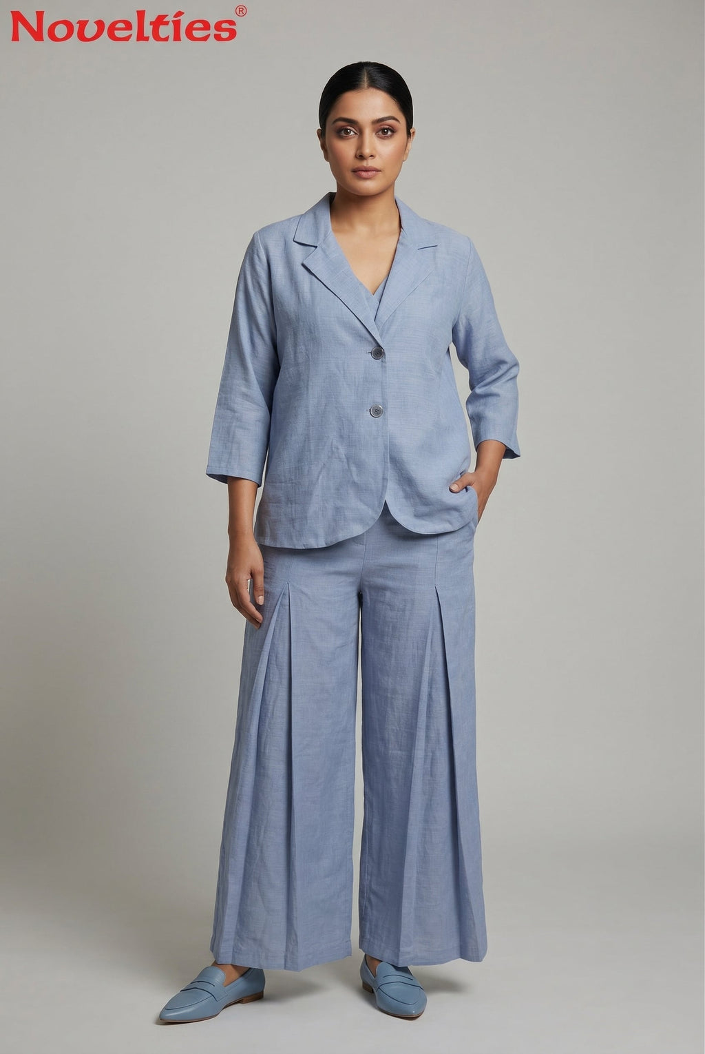 Blue Linen Blazer & Wide-Leg Pant Set