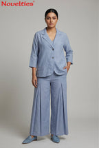 Blue Linen Blazer & Wide-Leg Pant Set