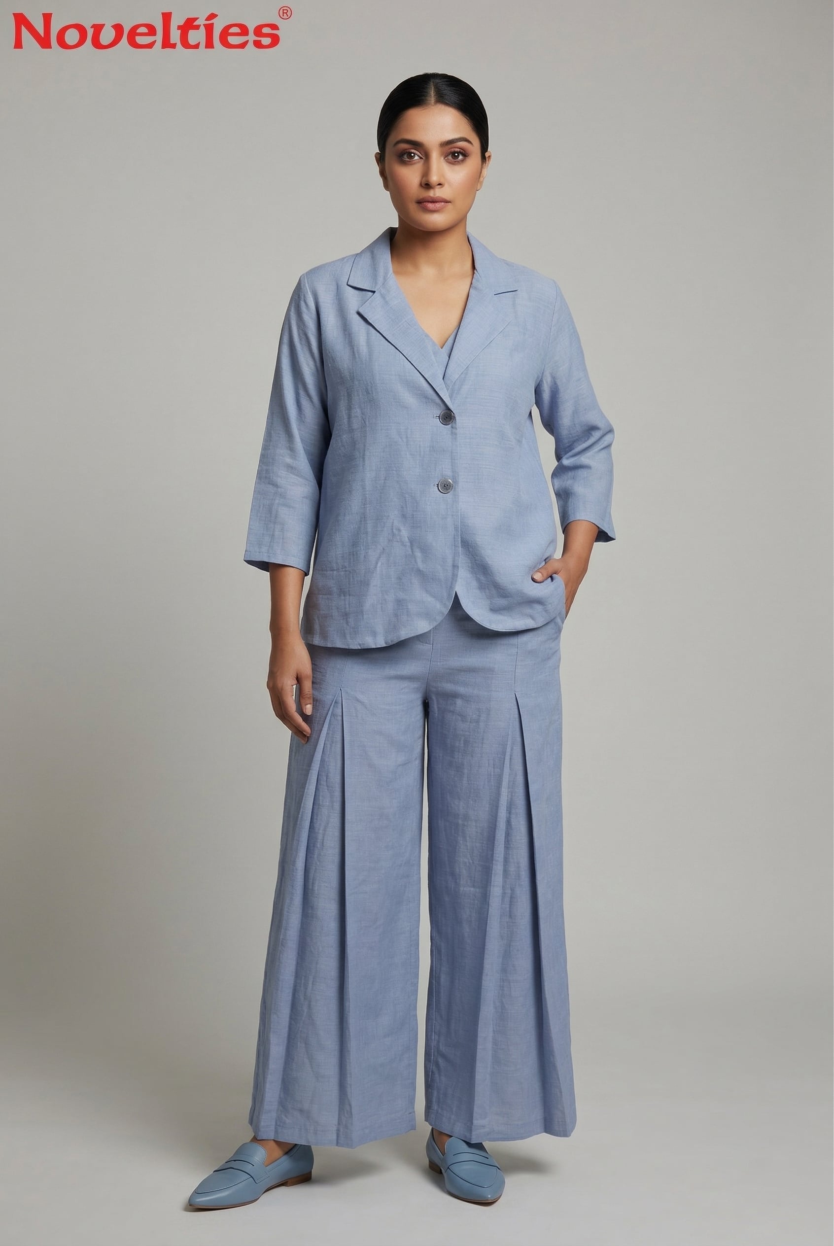 Blue Linen Blazer & Wide-Leg Pant Set