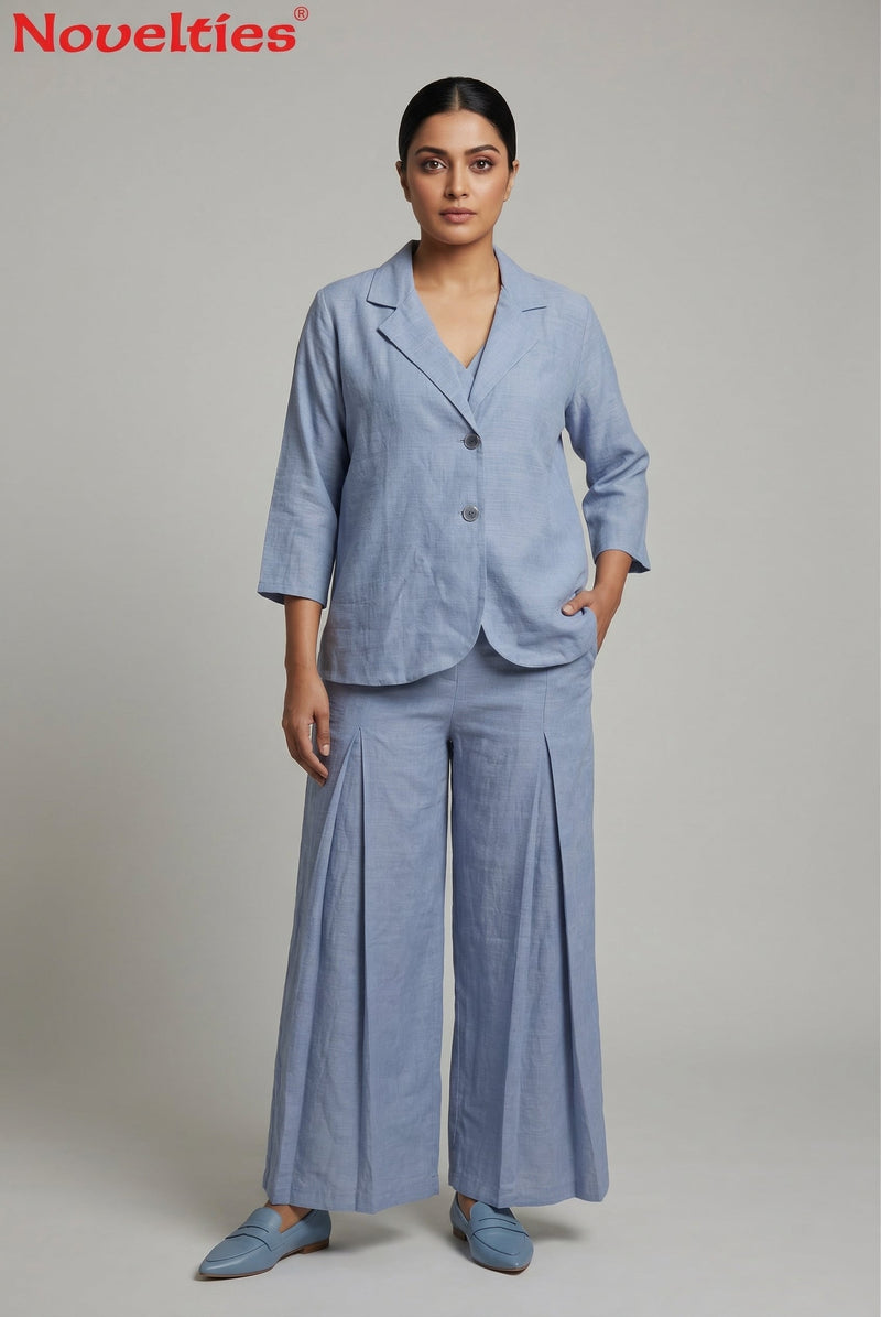 Blue Linen Blazer & Wide-Leg Pant Set