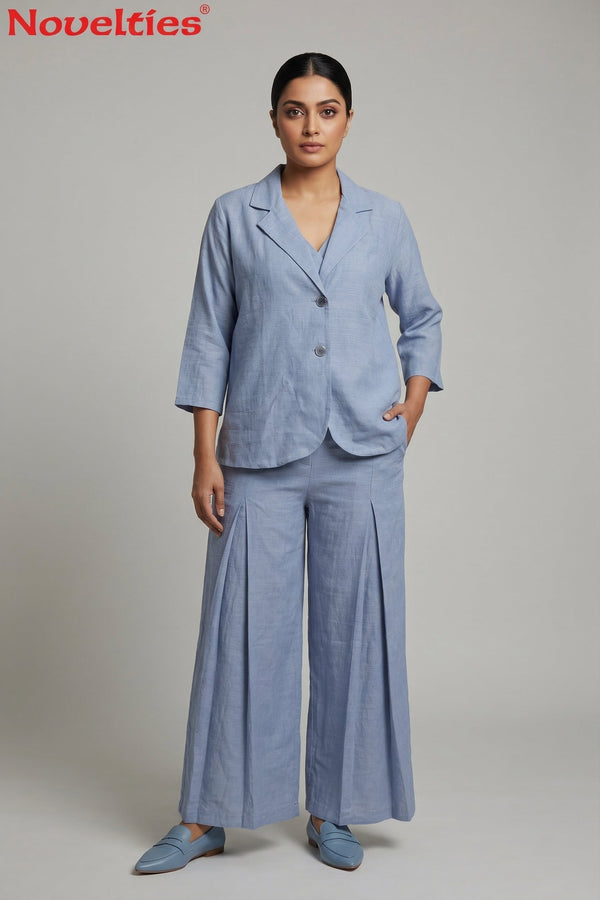 Blue Linen Blazer & Wide-Leg Pant Set