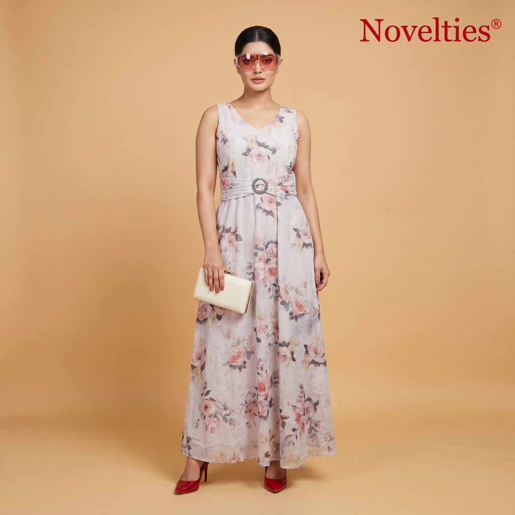 Graues Maxi-Baumwollkleid mit Rosenprint und verziertem Gürtel