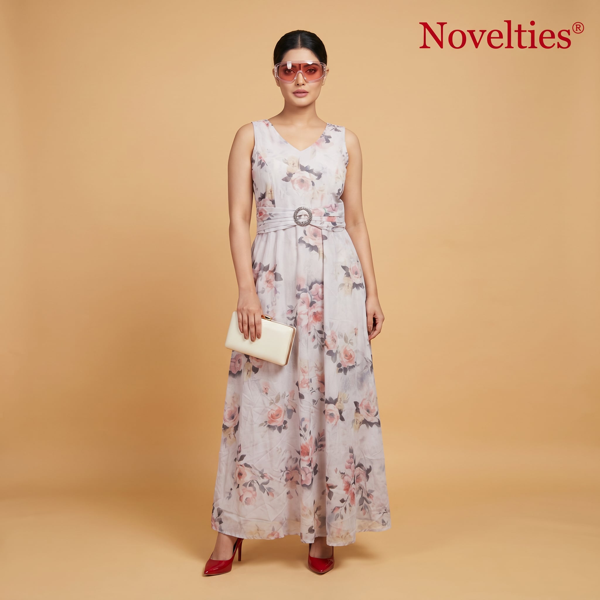 Grey Rose Print Cotton Maxi Gown with Embellished Belt