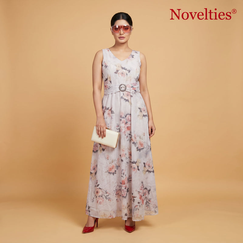 Grey Rose Print Cotton Maxi Gown with Embellished Belt