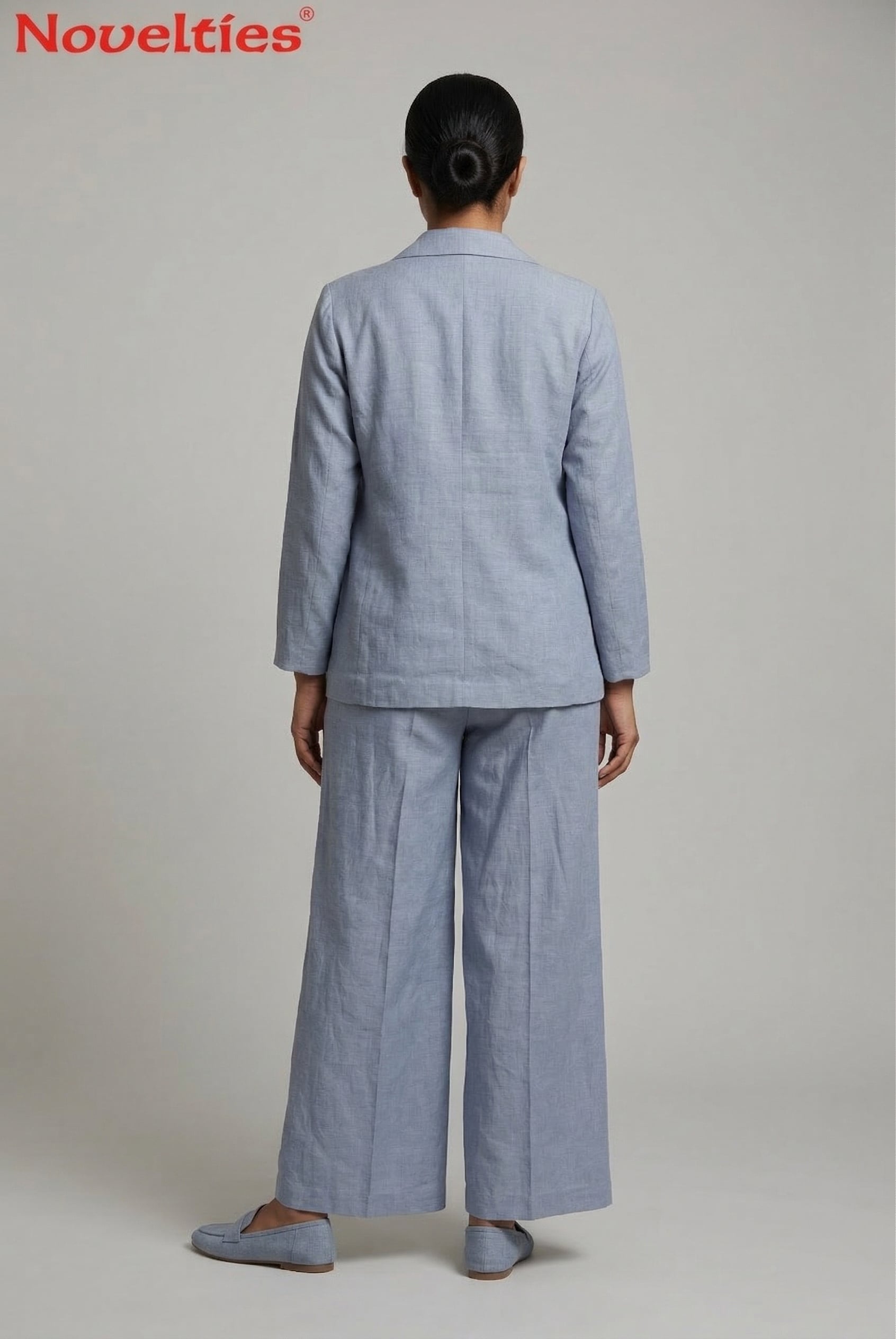 Blue Linen Blazer & Wide-Leg Pant Set