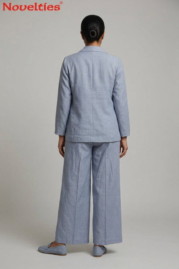 Blue Linen Blazer & Wide-Leg Pant Set